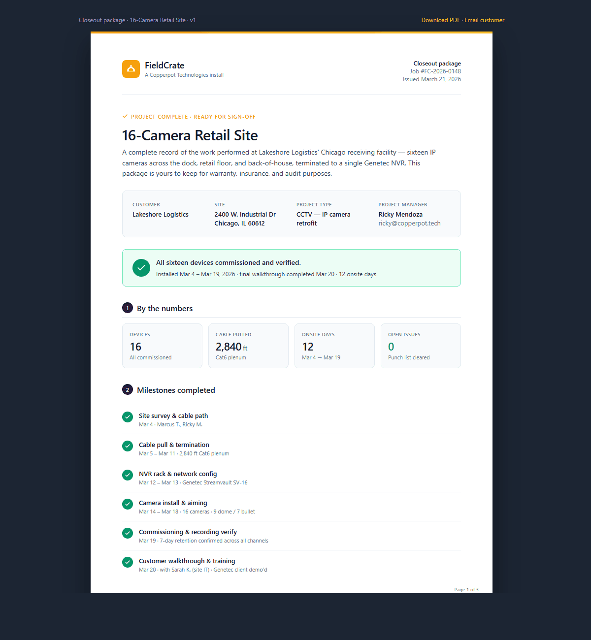 Closeout package PDF — cover page with milestone summary